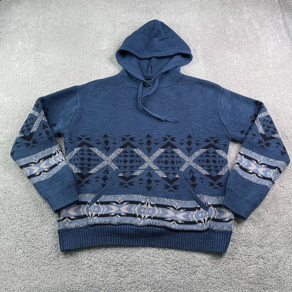 Lucky‎ Brand Hoodie Sweater Mens Medium Blue Nordic Southwestern Cotton Knit